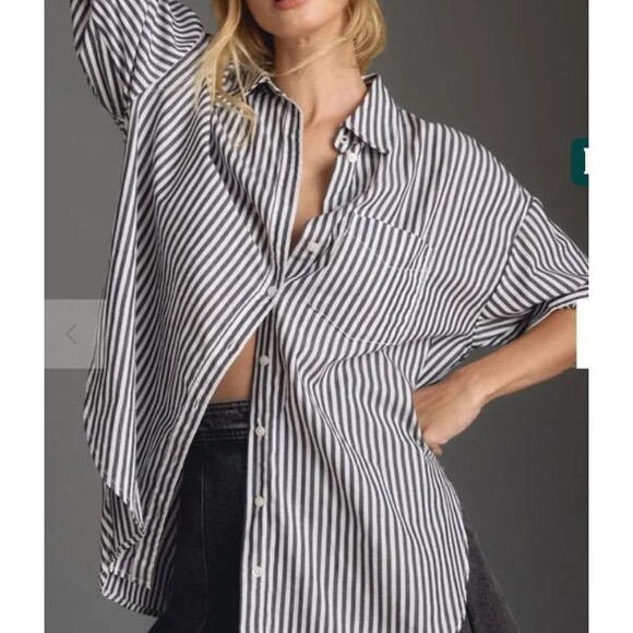 Maeve Tops - Maeve Anthropologie Shirt Womens L Striped Oversized Button Up Long Sleeve Green